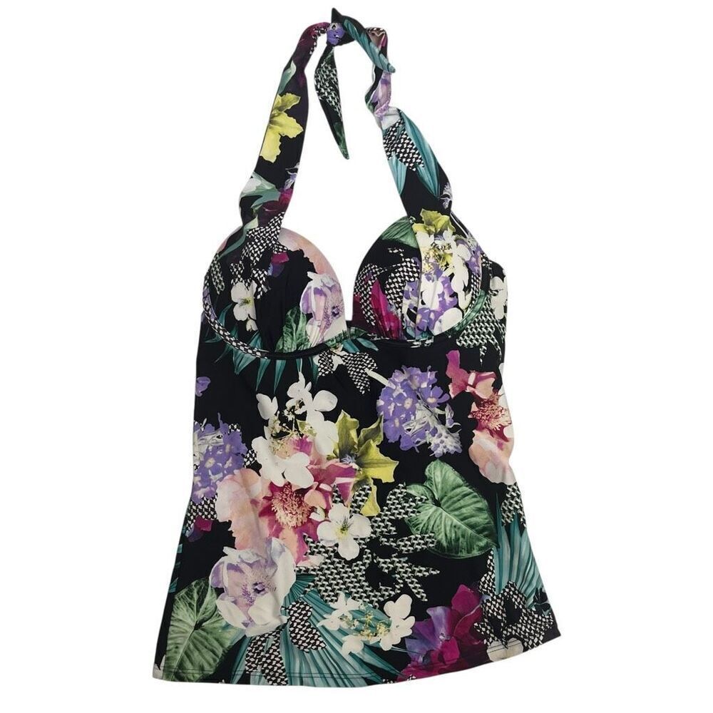 Hapari Womens Floral Halter Sweetheart Neck Backless Tankini Top Swimwear Medium